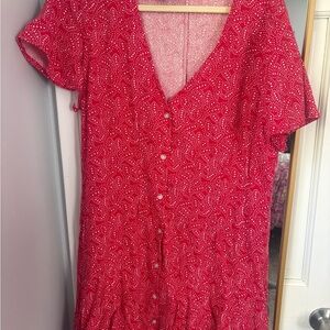 Universal Thread Red V-Neck Button-Front Mini Dress with White Dot Print